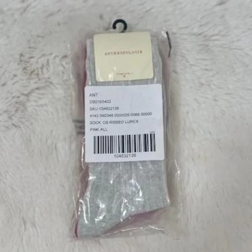 By Anthropologie Ribbed Lurex Trouser Socks, Set of 2 in White/Pink – NWT